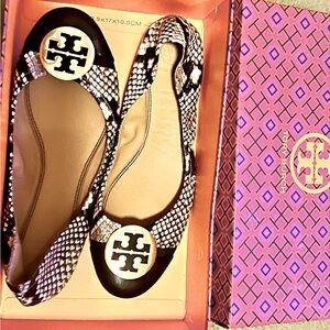 AUTHENTIC Tory Burch  Minnie Cap Toe Ballet Snake print leather